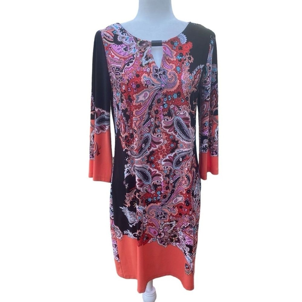 Emma & Michele Womens M Paisley Print Dress Black Coral Keyhole 3/4 Sleeve